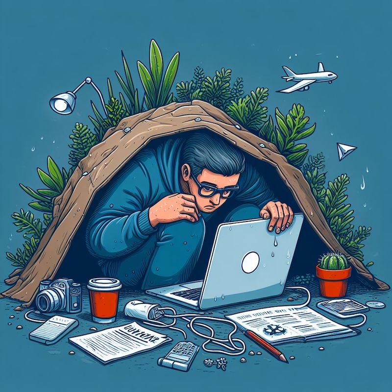 introvert startup founder cowering in front of his laptop