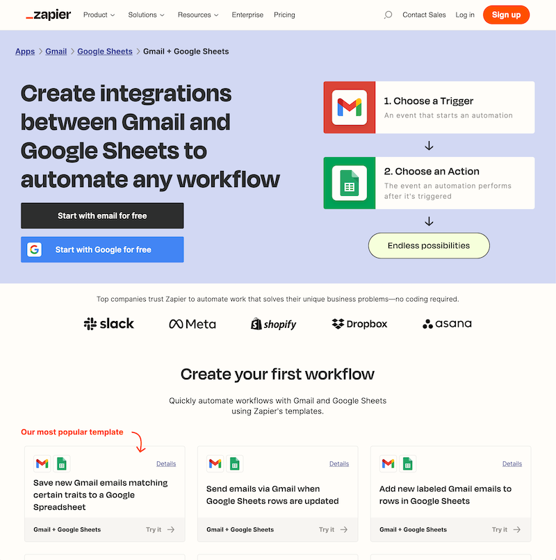 zapier programmatically generated page about gmail and google sheets